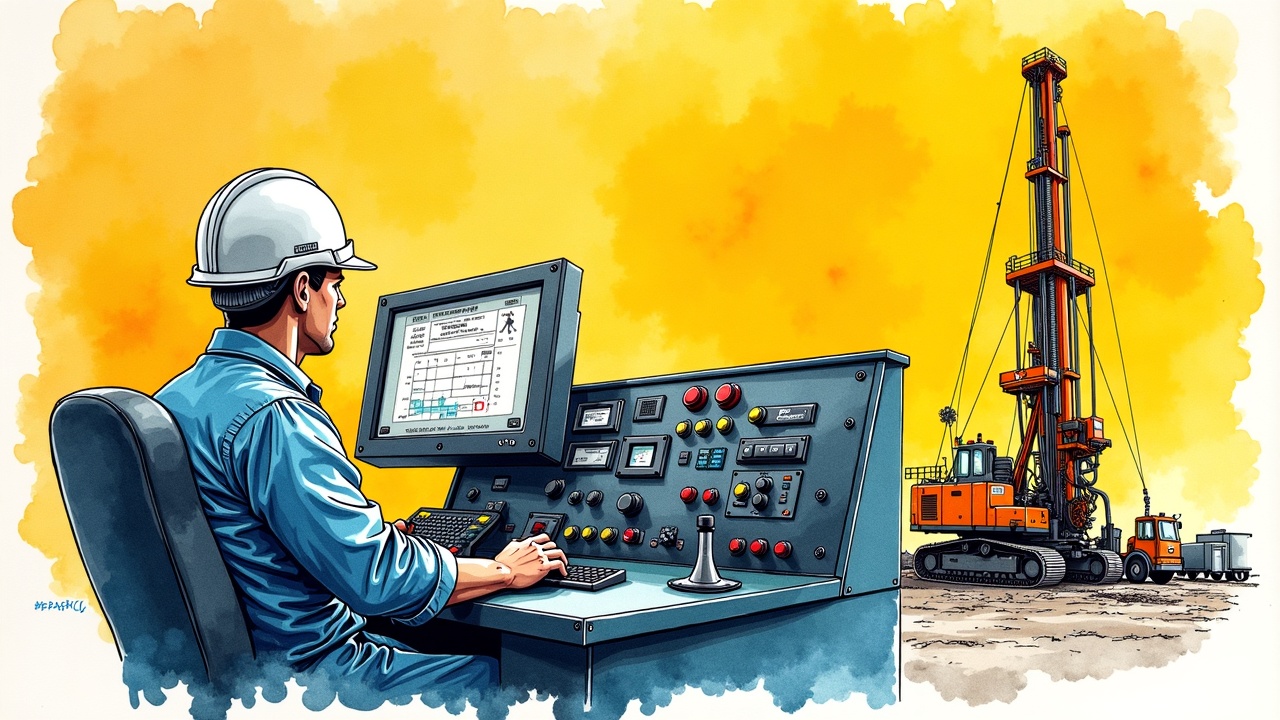 Машинист управляет буровой установкой с помощью современного пульта