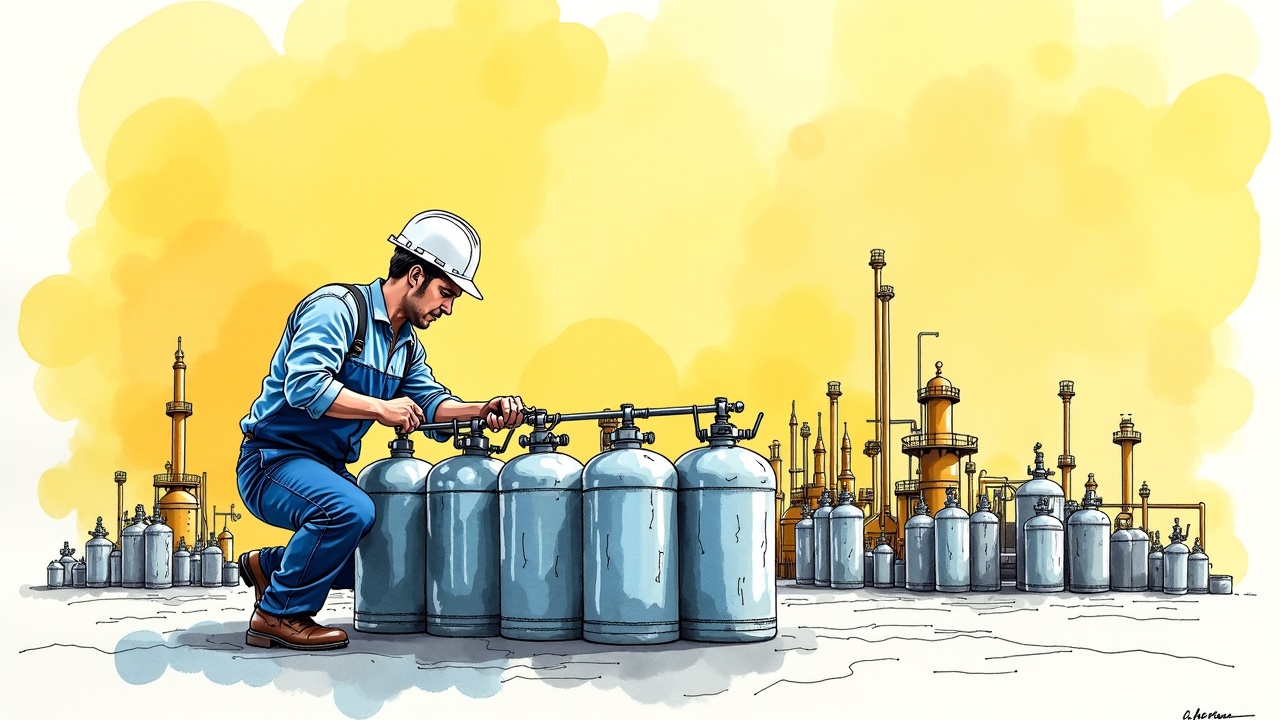 Персонал проверяет газовые баллоны на предприятии