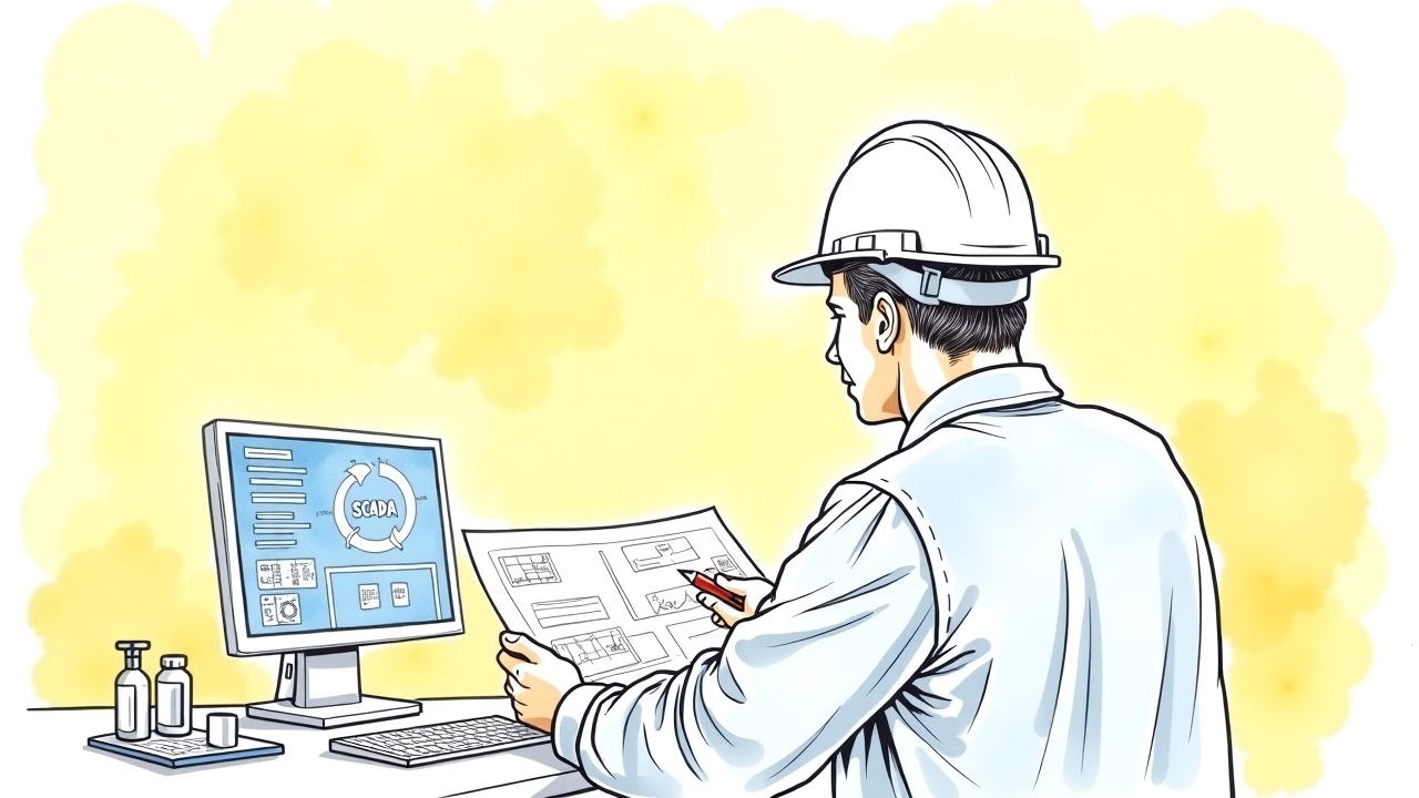 Инженер-механик изучает чертежи и SCADA-систему на компьютере