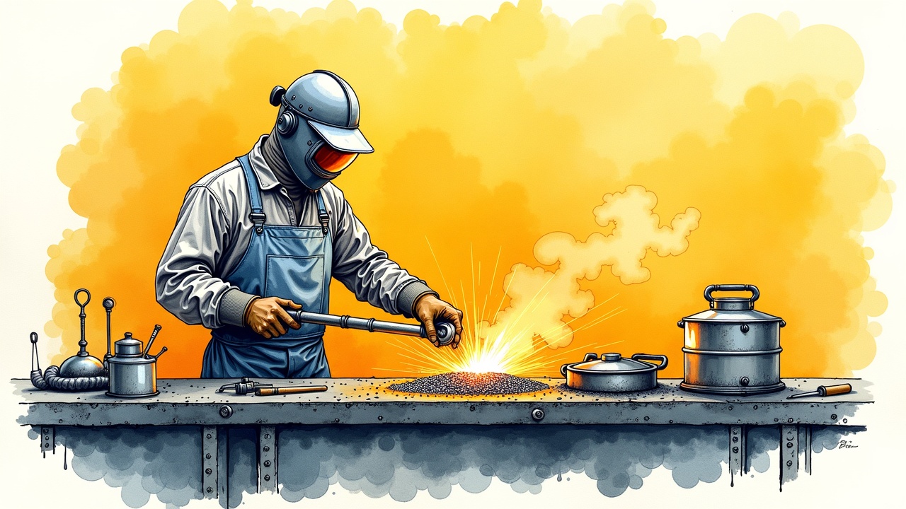 Лудильщик деталей горячим способом за работой на производстве в защитной экипировке