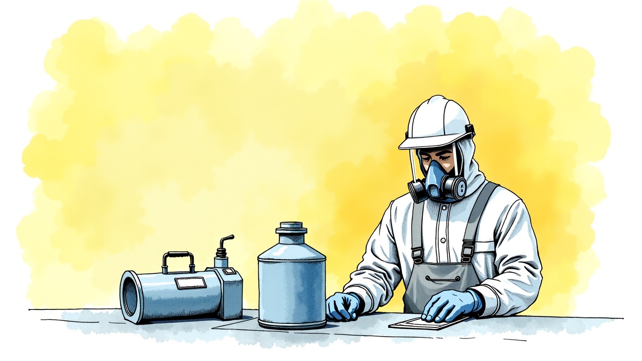 Выгребальщик пуха в защитном костюме очищает фильтры вентиляции на производстве