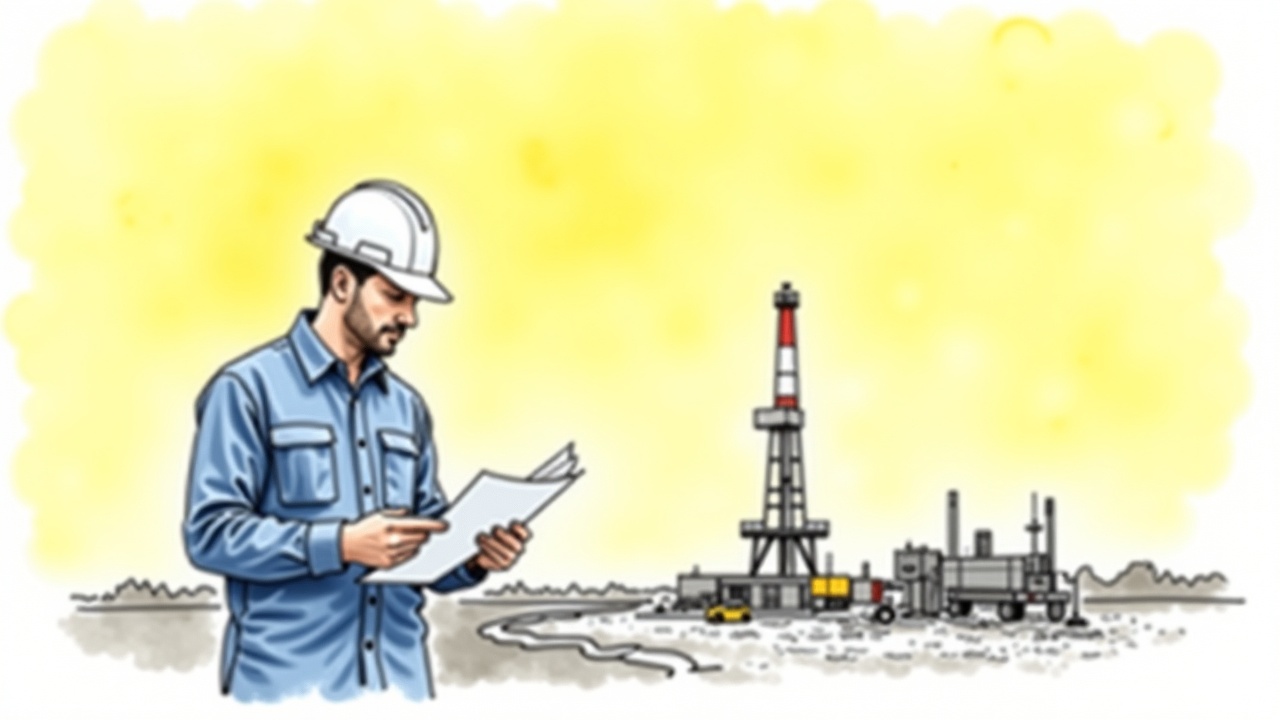 Нефтяник с документами для удостоверения на фоне буровой вышки
