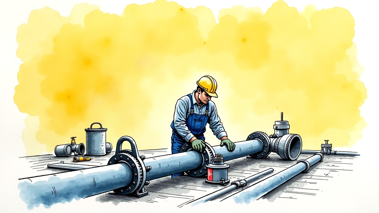 Монтажник технологических трубопроводов за работой на производстве