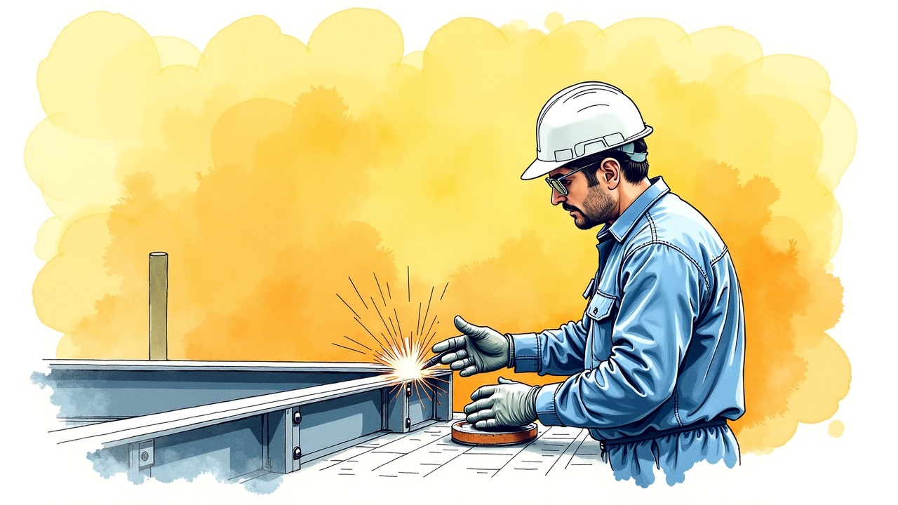 Контролер сварочных работ проверяет качество шва на металлоконструкции