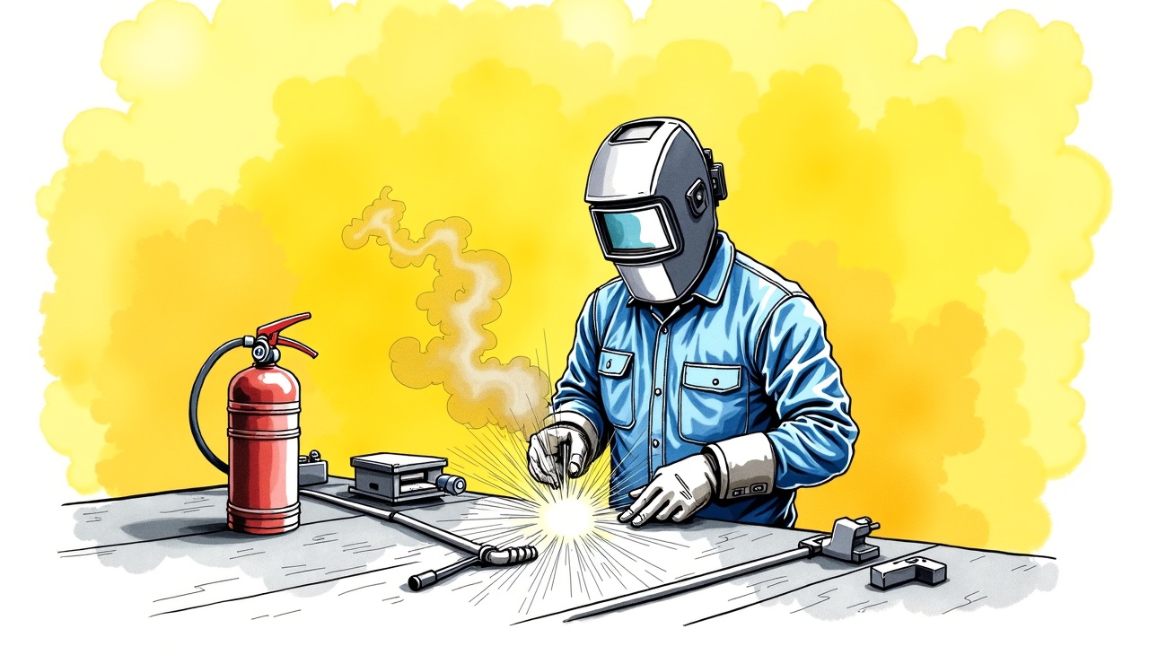 Сварщик на производстве соблюдает правила пожарной безопасности