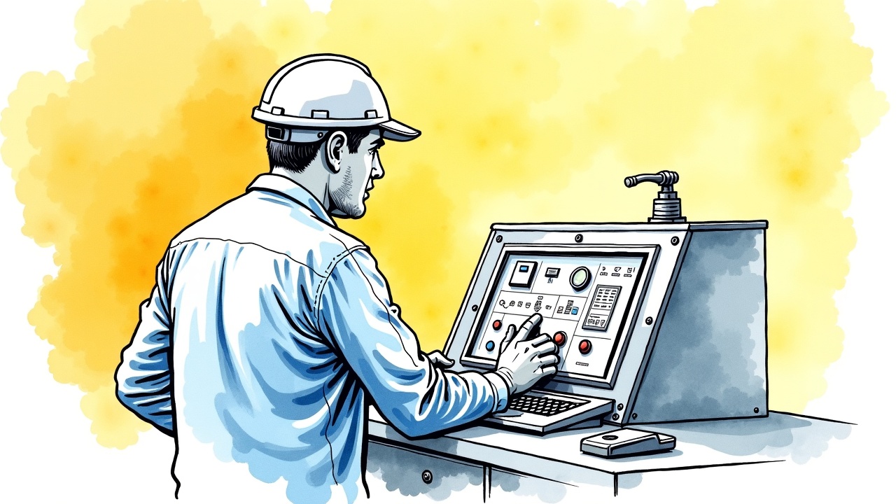 Аппаратчик химического производства за работой на пульте управления технологической установкой